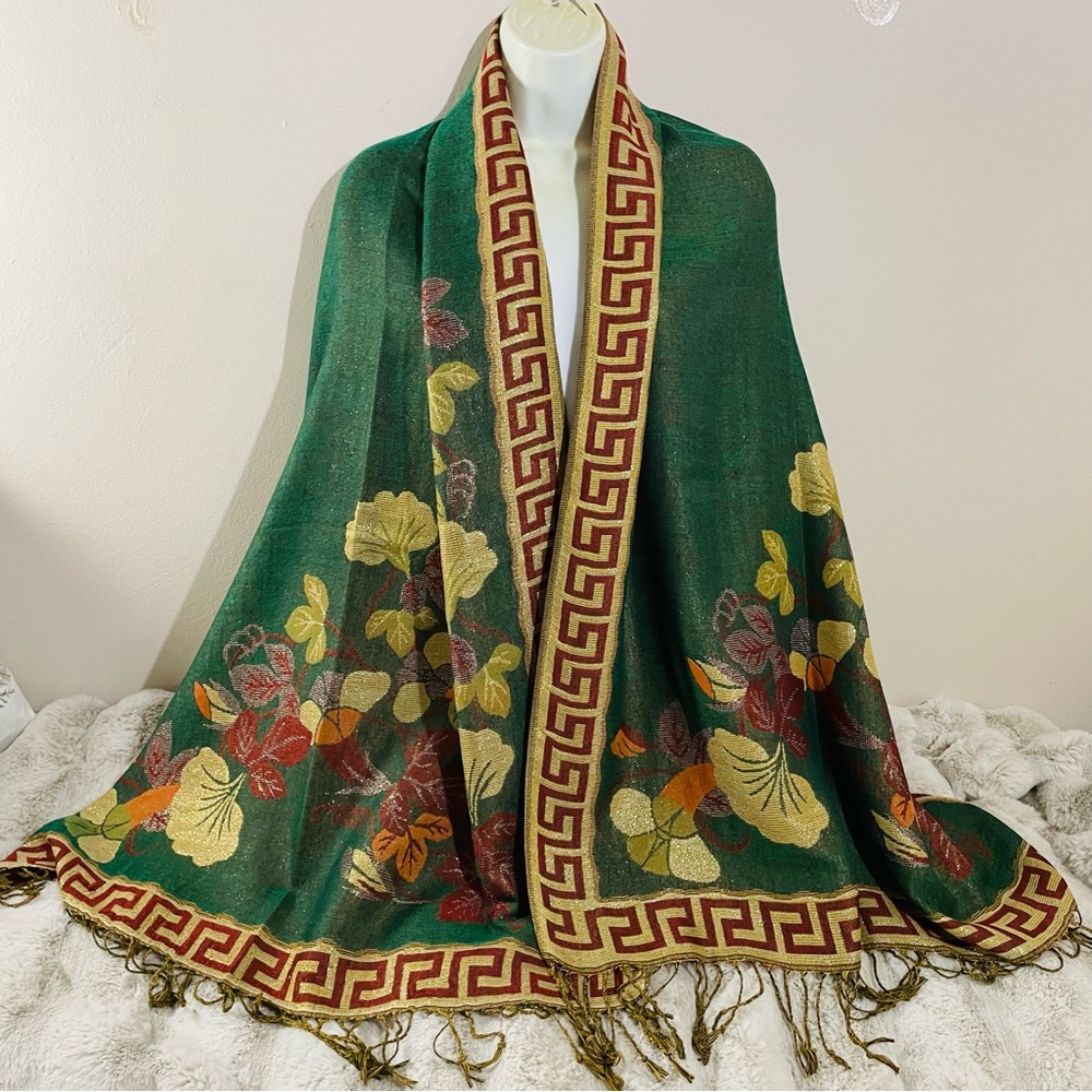 Floral Patterned Shawl, Scarf,Wrap  with Greek Key Border and Fringe NEW